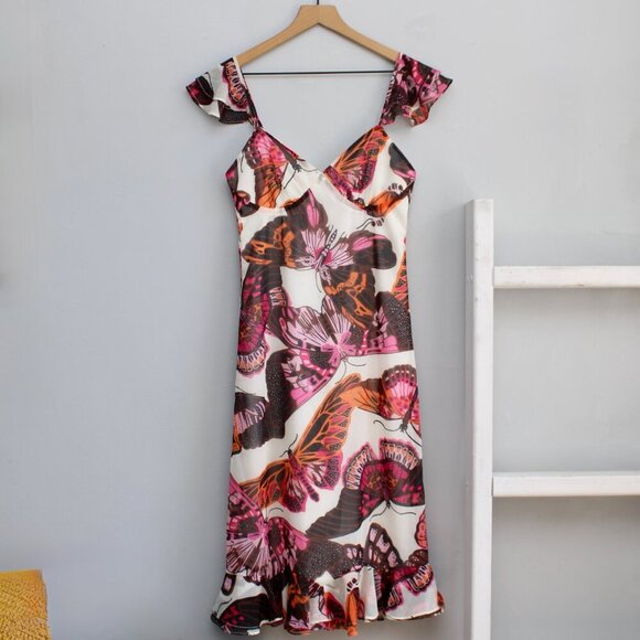 Betsey Johnson Women's White Pink Pepper Butterfly-Print Midi Dress Size XS - Picture 2 of 11